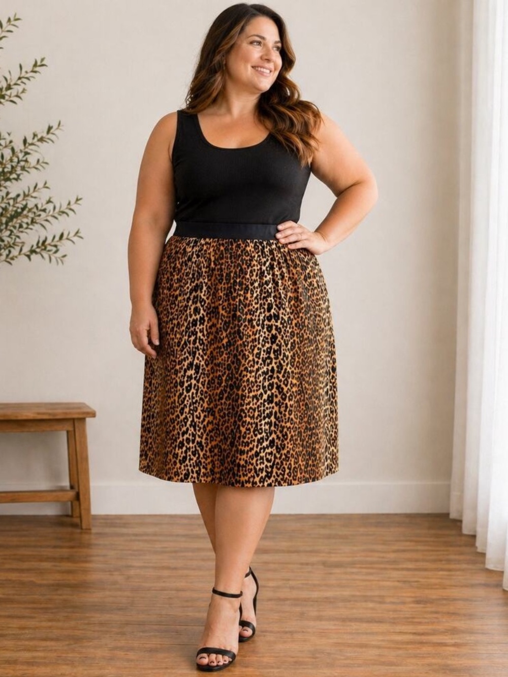 Erika Brooke Tan Brown Leopard Print Midi Skirt Sz 24